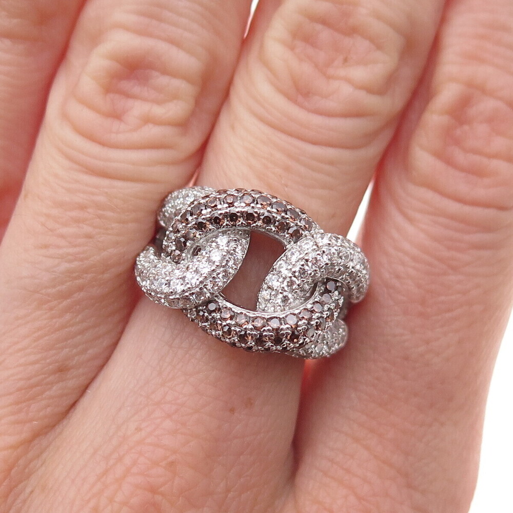 925 Sterling Silver Round-Cut Smoky & White C Z Interlocked Ring Size 6.25